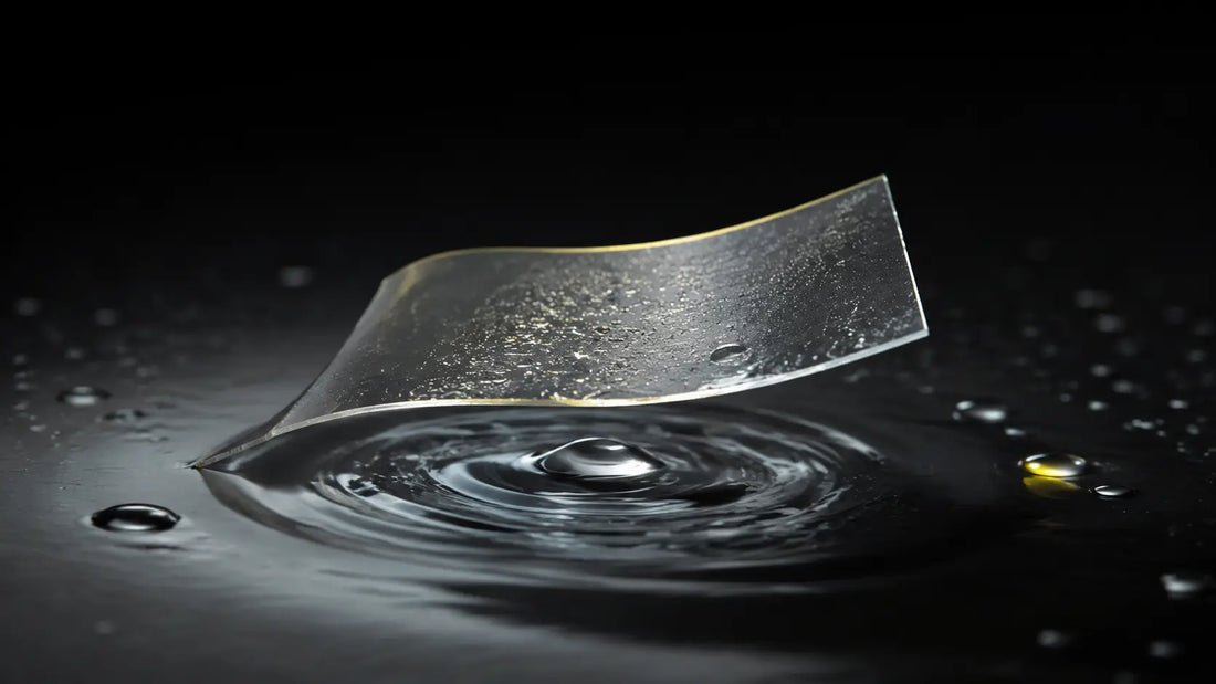 Translucent oral supplement strip dissolving above a water ripple