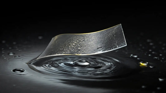 Translucent oral supplement strip dissolving above a water ripple