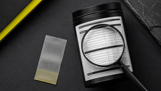 Magnifying glass examining an unbranded supplement facts style label