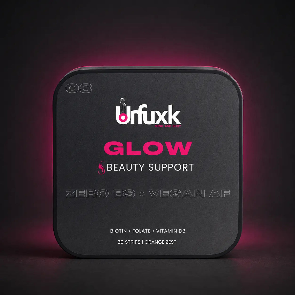 Biotin Beauty oral strip tin on a dark studio background