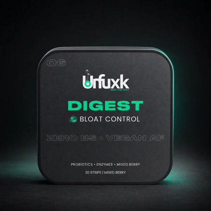 Digestive gut support oral strip tin on a dark studio background