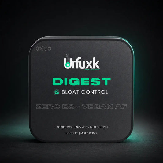 Digestive gut support oral strip tin on a dark studio background