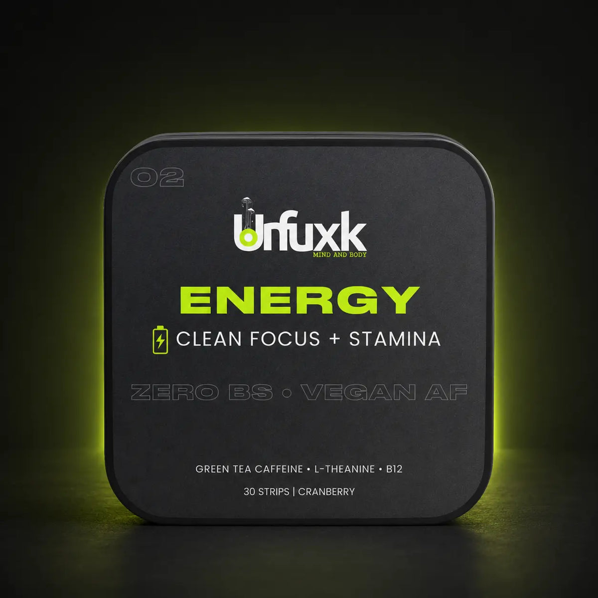 Energy oral strip tin on a dark studio background