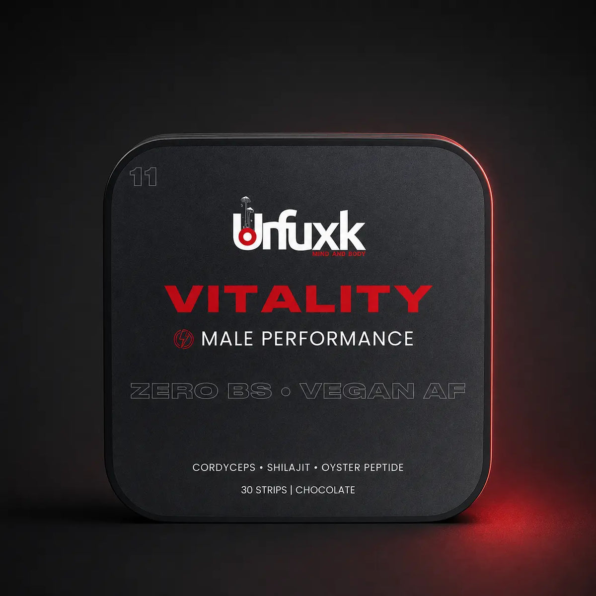 Libido Support oral strip tin on a dark studio background