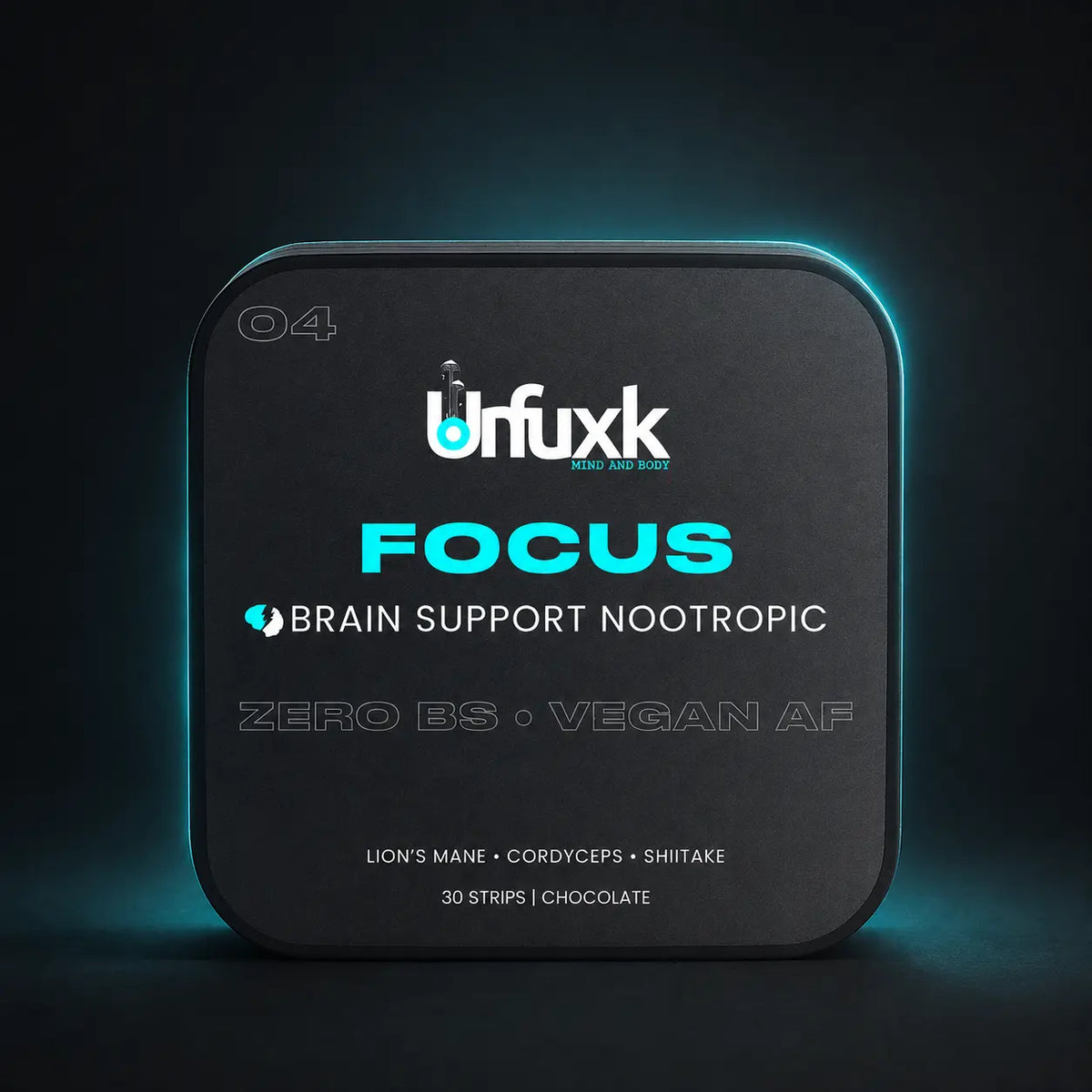 Mushroom Focus oral strip tin on a dark studio background